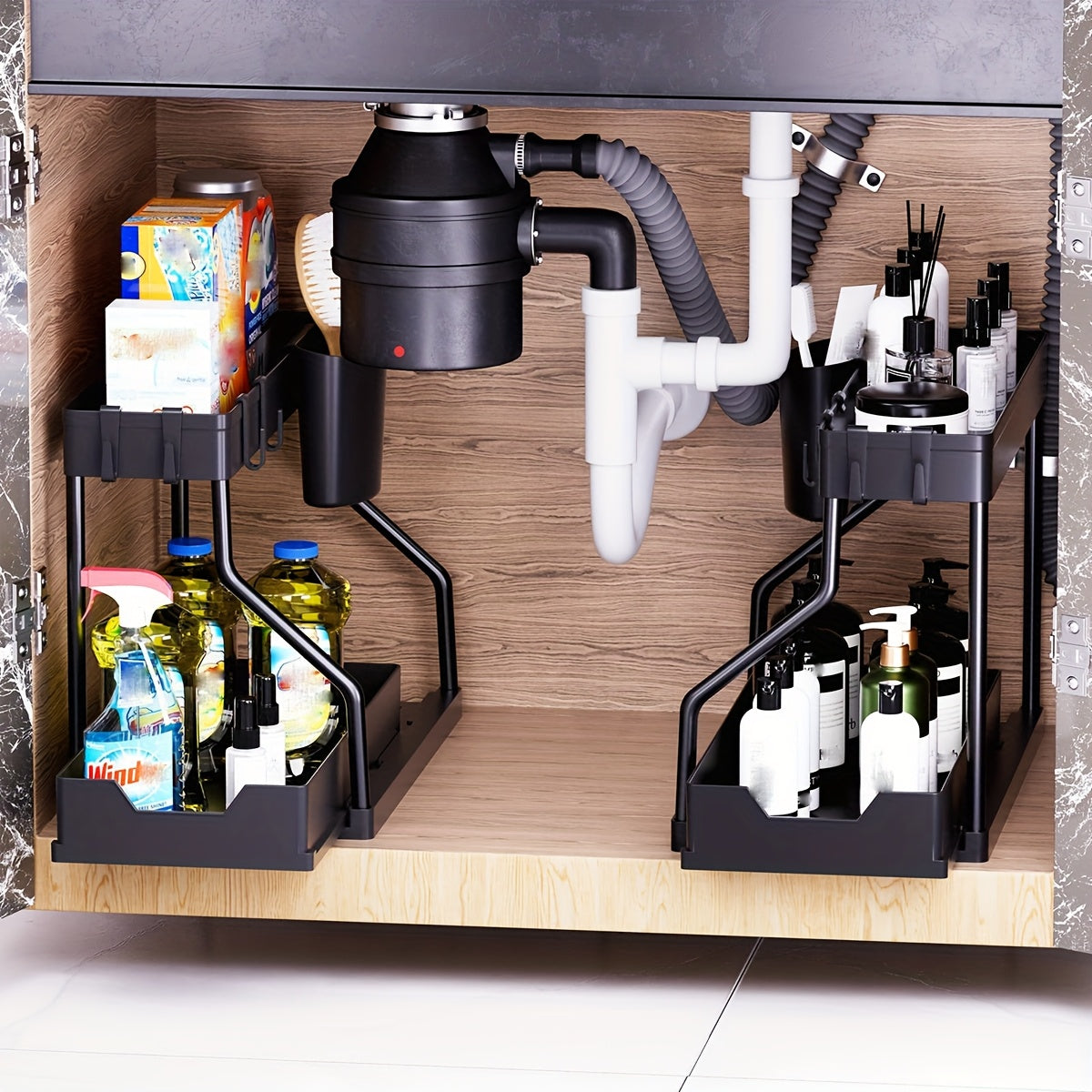 2-Pack L-Shaped Under Sink Organizers with Slide-Out Drawers – Pipe-Friendly Cabinet Storage Rack