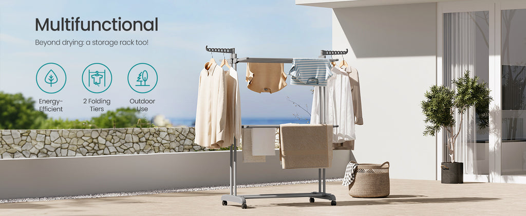 SONGMICS Clothes Drying Rack 3-Tier, Foldable Laundry Drying Rack 58.3-Inch Tall, Stainless Steel, Rolling Clothes Horses, Cloth
