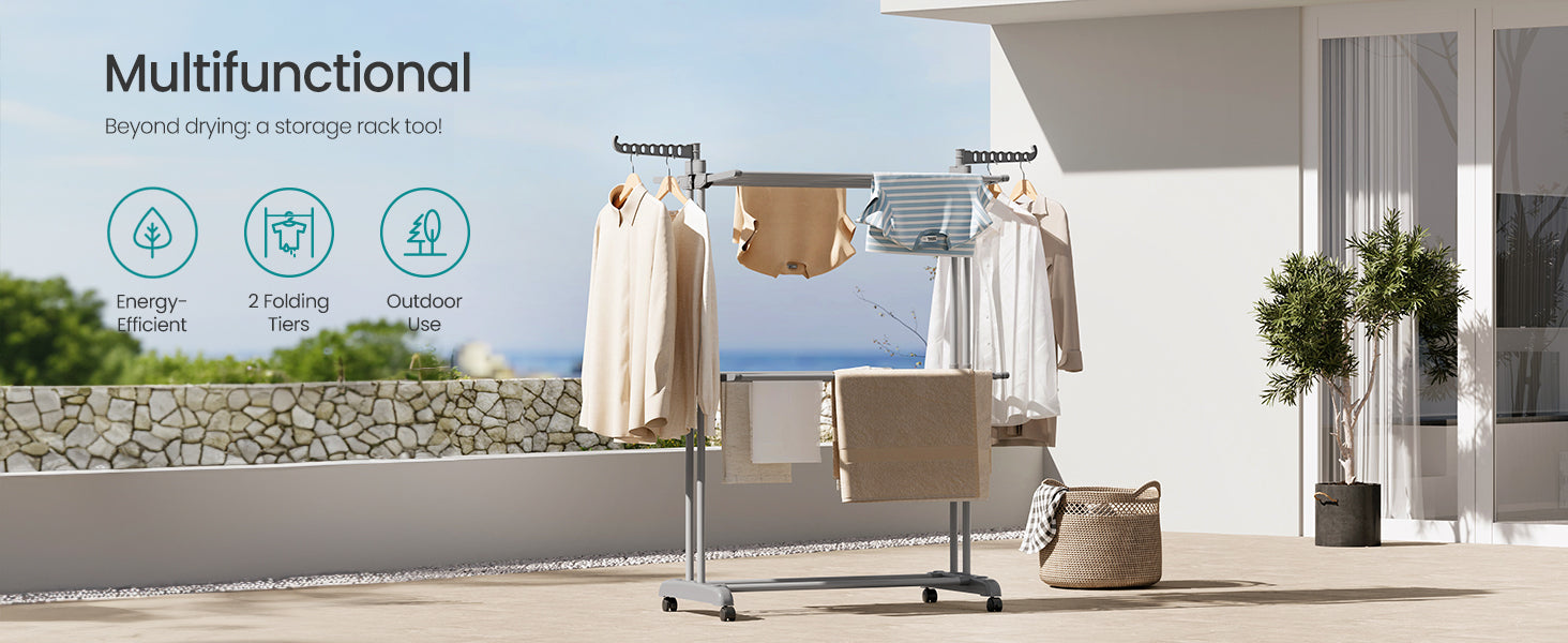 SONGMICS Clothes Drying Rack 3-Tier, Foldable Laundry Drying Rack 58.3-Inch Tall, Stainless Steel, Rolling Clothes Horses, Cloth