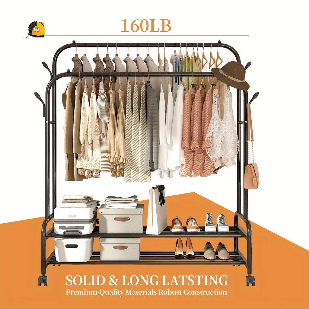 Double-Rail Rolling Garment Rack with Shelves & Wheels – Heavy-Duty Clothing Organizer