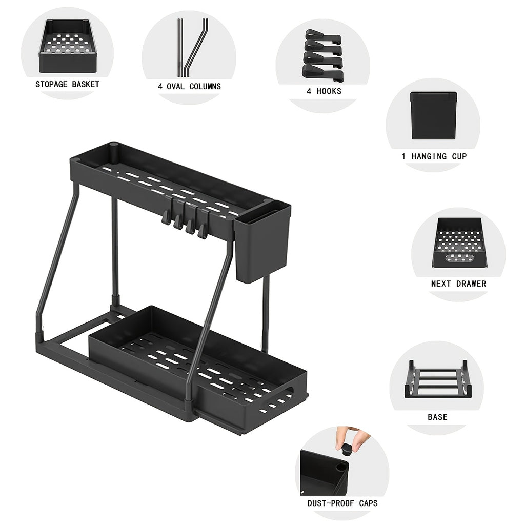 2-Pack L-Shaped Under Sink Organizers with Slide-Out Drawers – Pipe-Friendly Cabinet Storage Rack