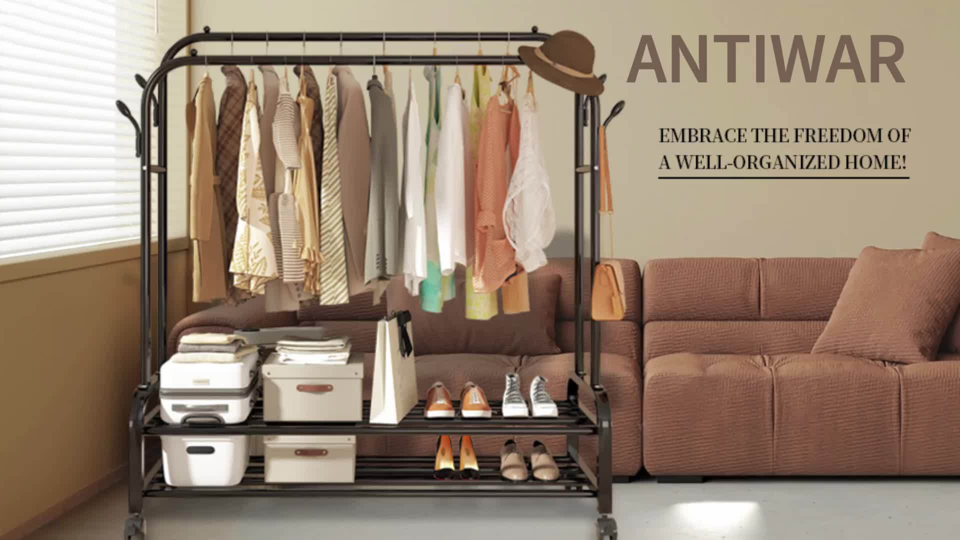 Double-Rail Rolling Garment Rack with Shelves & Wheels – Heavy-Duty Clothing Organizer