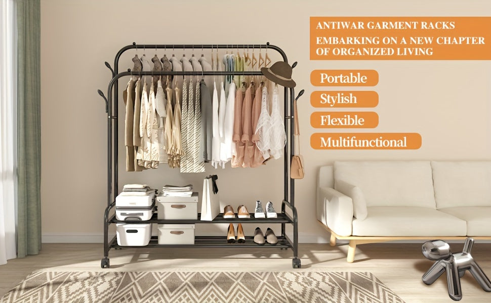Double-Rail Rolling Garment Rack with Shelves & Wheels – Heavy-Duty Clothing Organizer