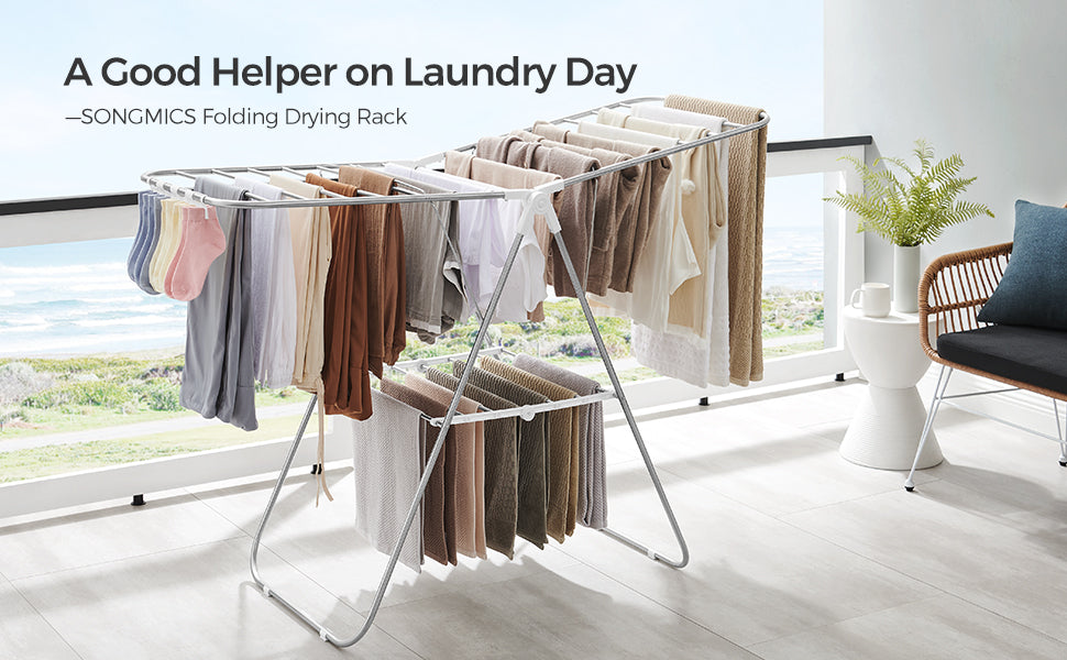SONGMICS Clothes Drying Rack, with Sock Clips, Metal Laundry Rack, Foldable, Space-Saving, Free-Standing Airer, with 2 Height-Ad