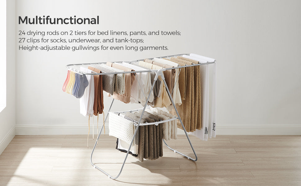 SONGMICS Clothes Drying Rack, with Sock Clips, Metal Laundry Rack, Foldable, Space-Saving, Free-Standing Airer, with 2 Height-Ad