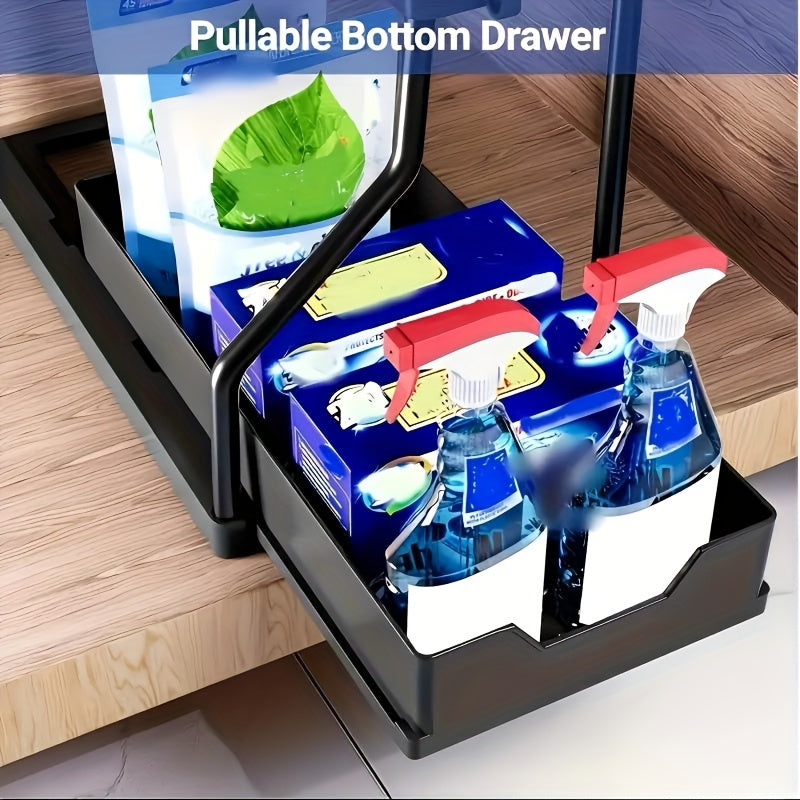 2-Pack L-Shaped Under Sink Organizers with Slide-Out Drawers – Pipe-Friendly Cabinet Storage Rack