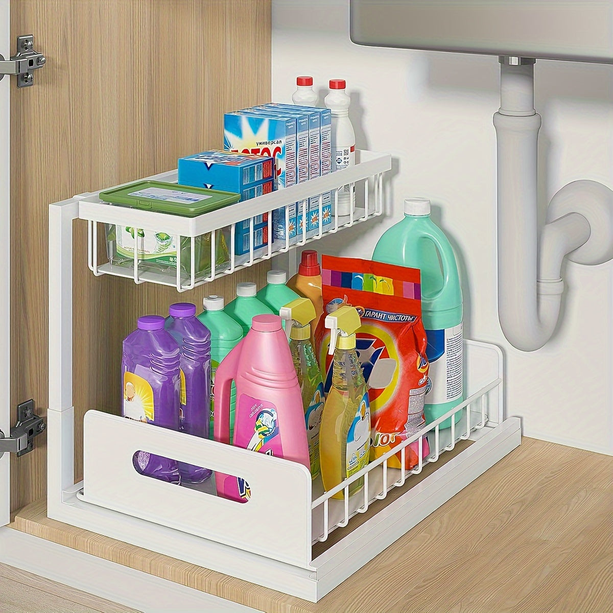 Two-Level Organizers for Under The Sink - Featuring a Sliding Pull-Out Shelf