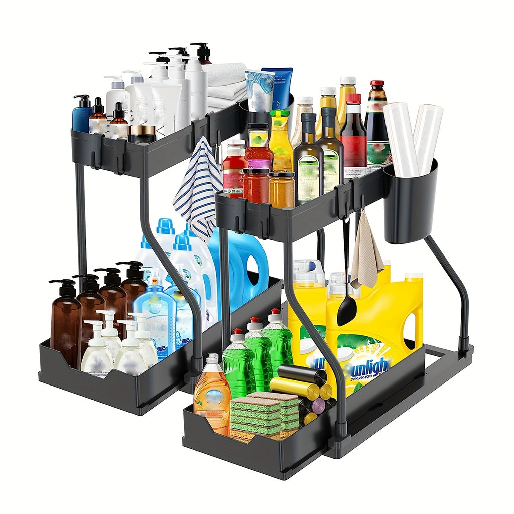 2-Pack L-Shaped Under Sink Organizers with Slide-Out Drawers – Pipe-Friendly Cabinet Storage Rack