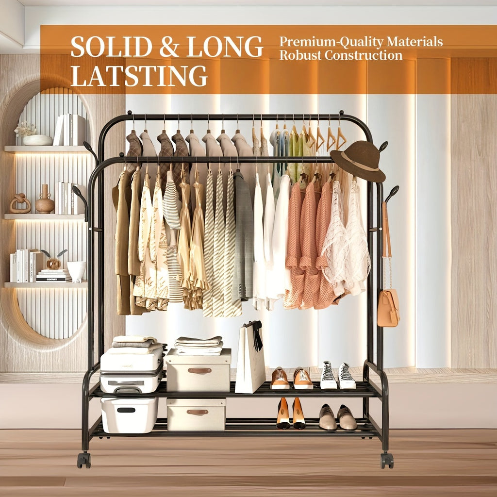 Double-Rail Rolling Garment Rack with Shelves & Wheels – Heavy-Duty Clothing Organizer