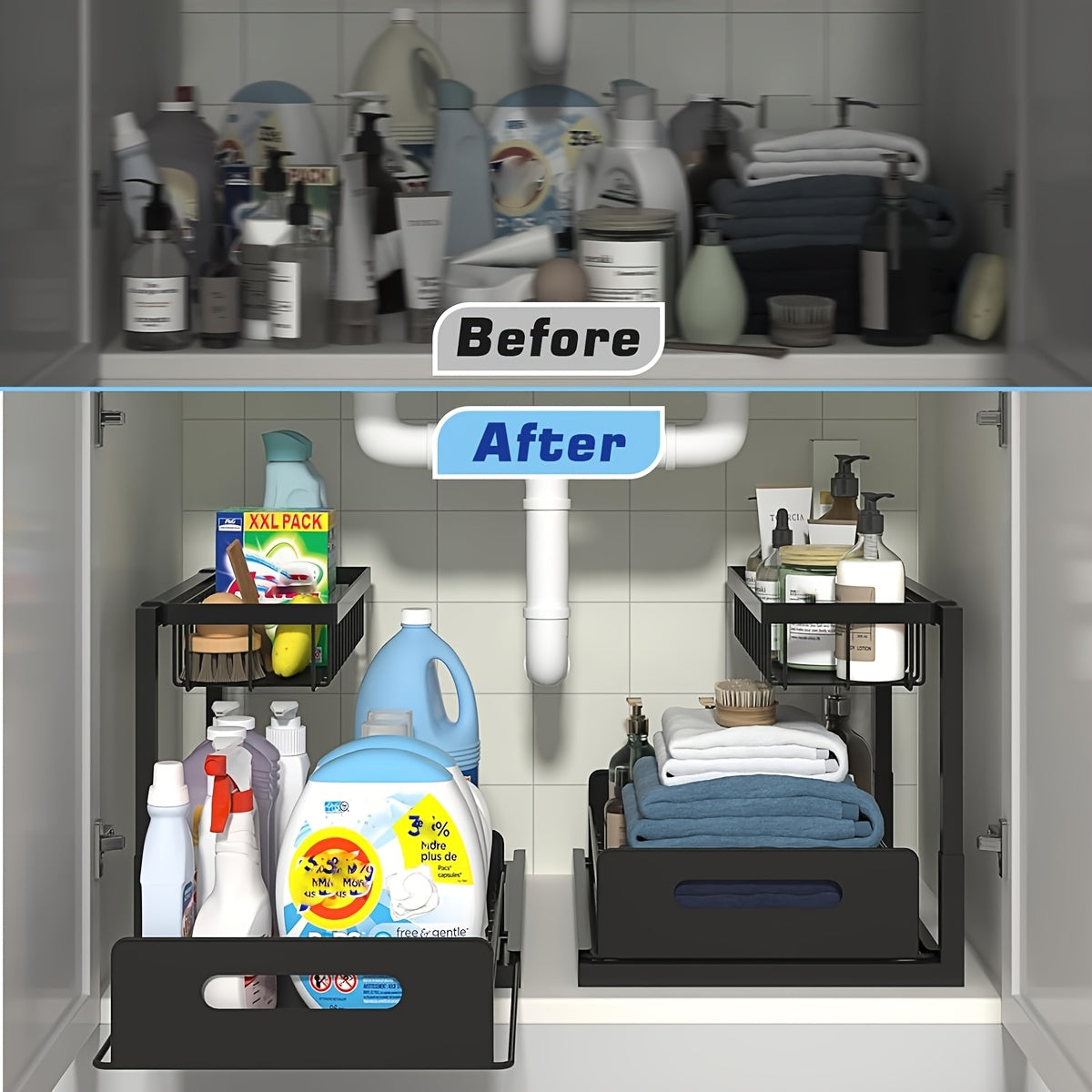 Two-Level Organizers for Under The Sink - Featuring a Sliding Pull-Out Shelf