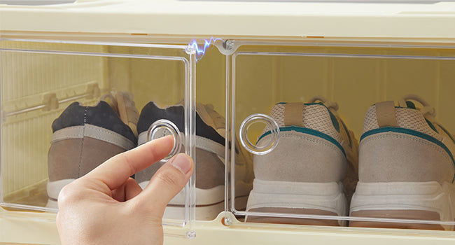 SONGMICS Foldble Shoe Storage Organizer for Closet, Stackable Sneaker Cabinet with Magnetic Door, Large Plastic Container Bins f
