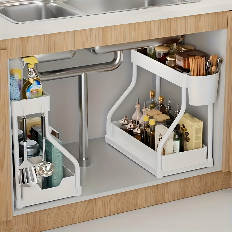 2-Pack L-Shaped Under Sink Organizers with Slide-Out Drawers – Pipe-Friendly Cabinet Storage Rack