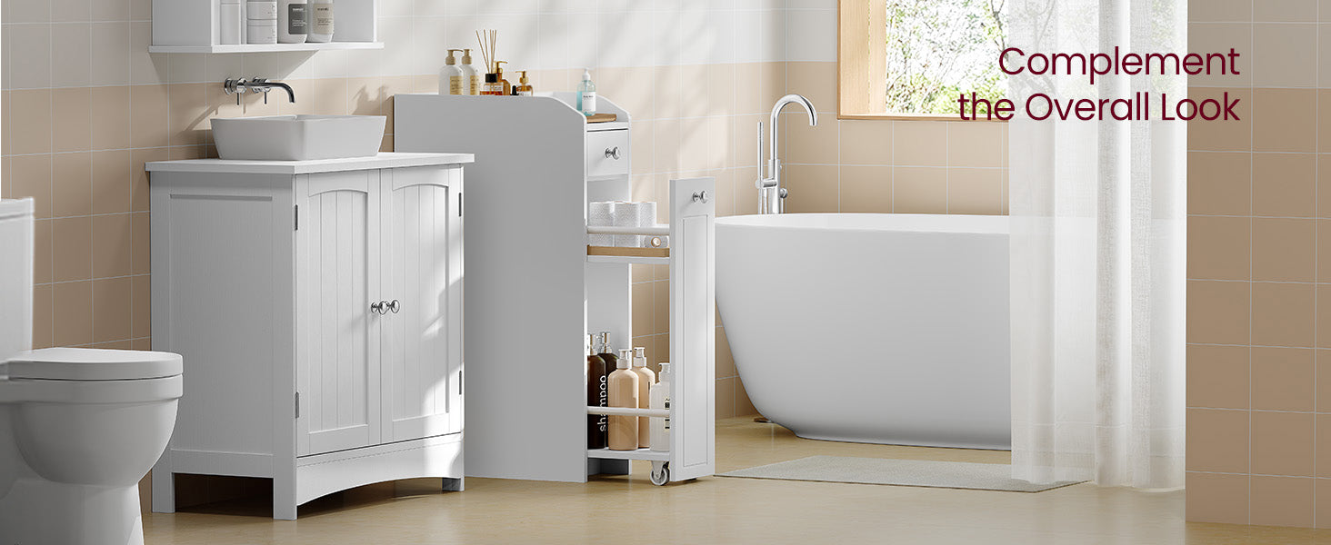 VASAGLE Slim Storage Cabinet, Narrow Storage Organizer with Slide Out Drawers, Freestanding Toilet Paper Holder, Small Space Ski
