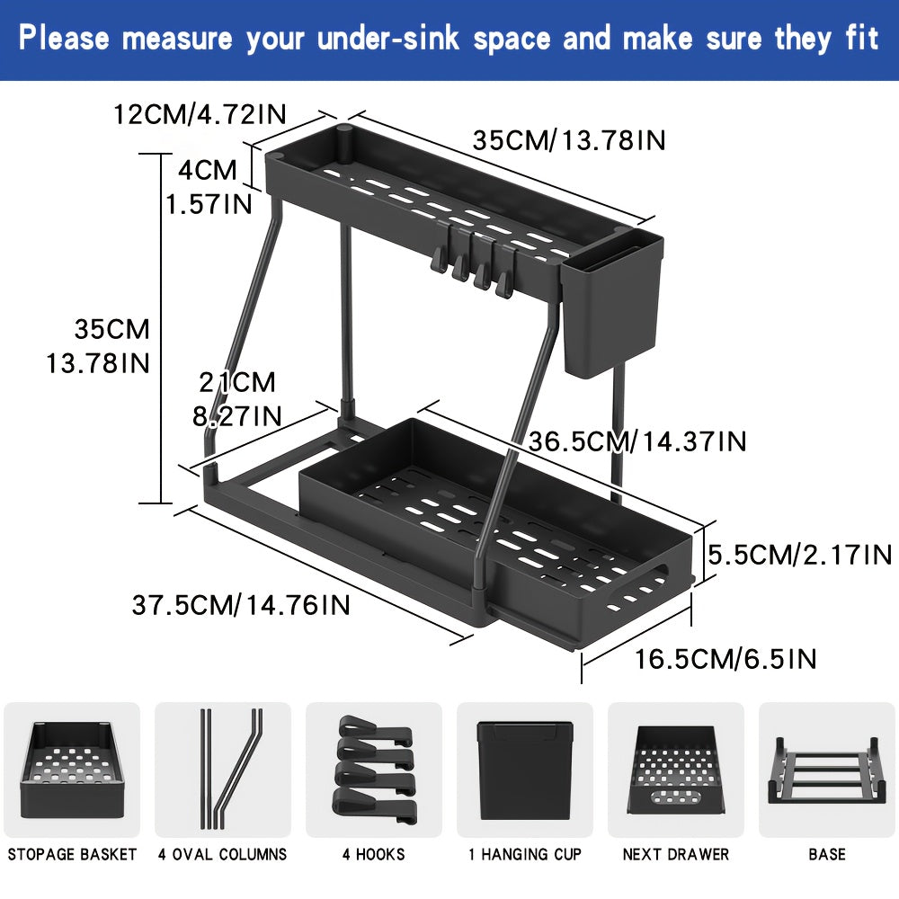 2-Pack L-Shaped Under Sink Organizers with Slide-Out Drawers – Pipe-Friendly Cabinet Storage Rack