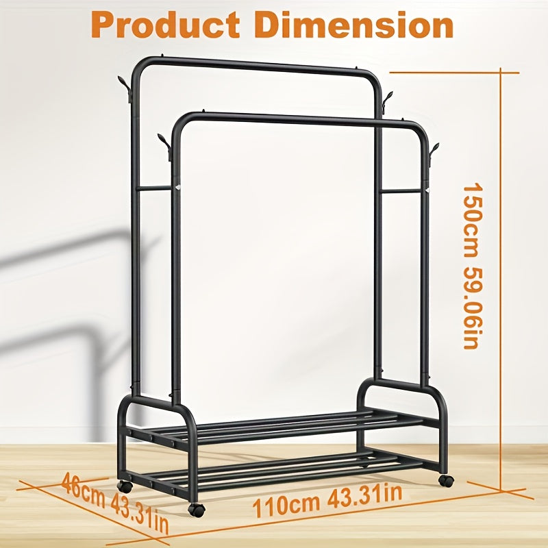 Double-Rail Rolling Garment Rack with Shelves & Wheels – Heavy-Duty Clothing Organizer