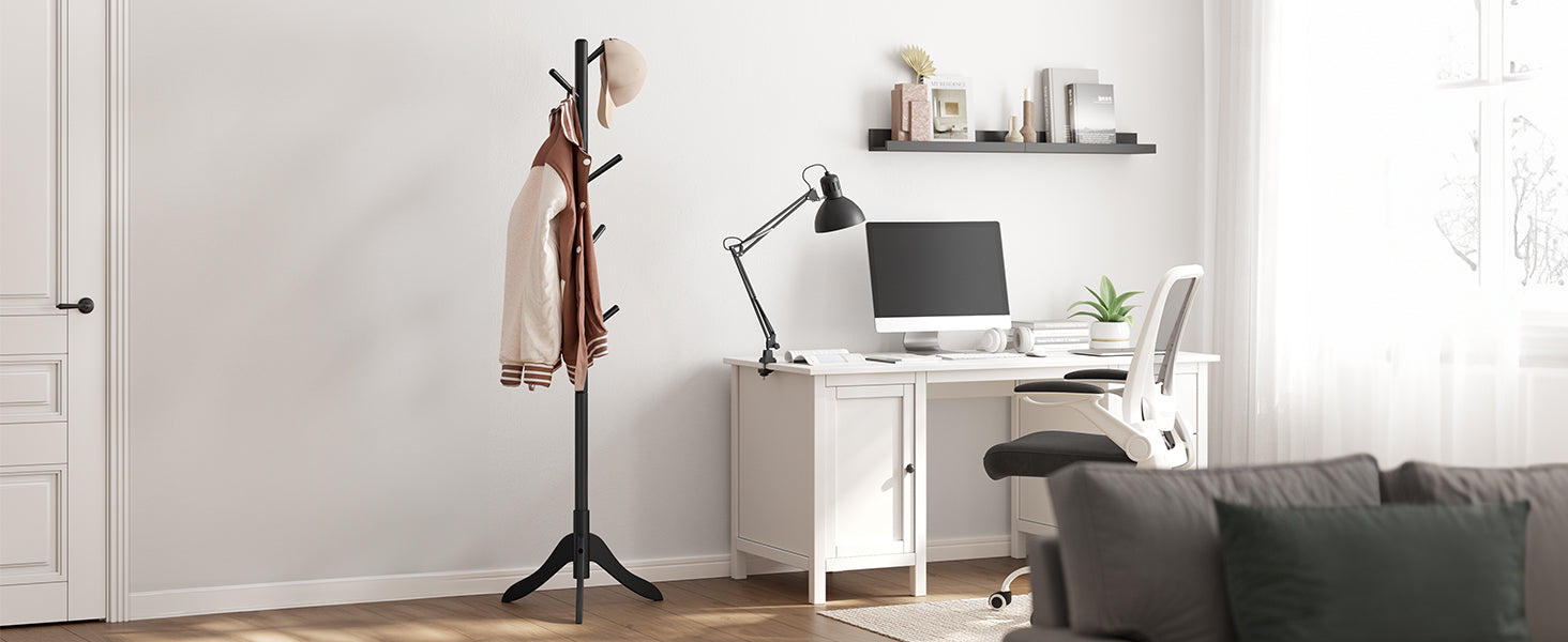 VASAGLE Solid Wood Coat Rack, Free Standing Tree-Shaped Coat Rack with 8 Hooks, 3 Height Options, for Clothes, Hats, Bags, Livin