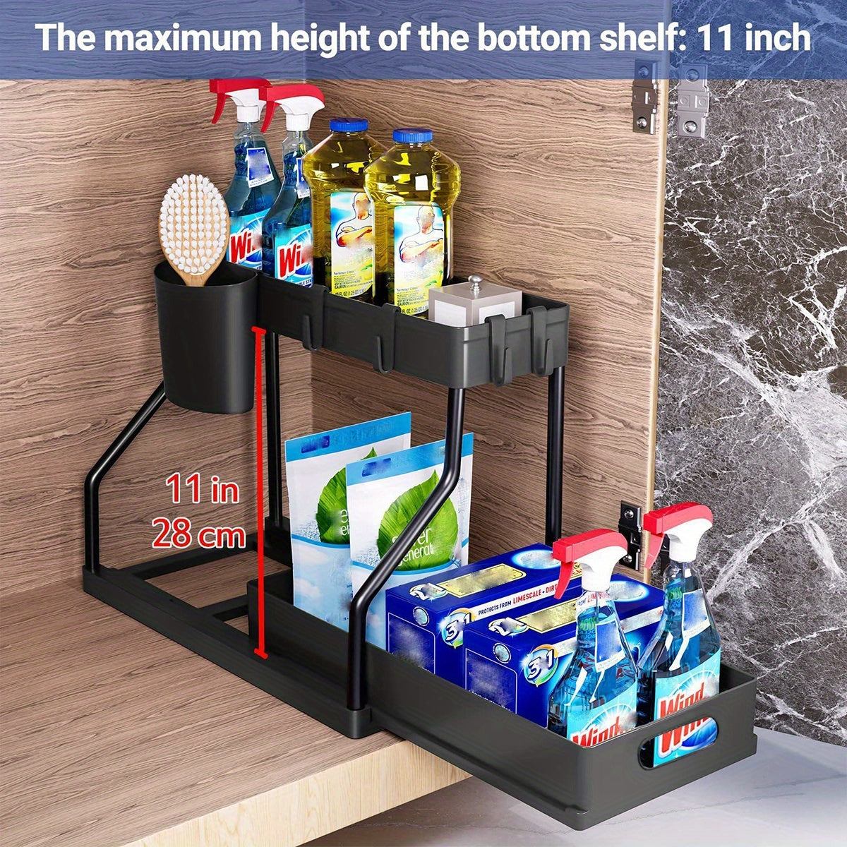 2-Pack L-Shaped Under Sink Organizers with Slide-Out Drawers – Pipe-Friendly Cabinet Storage Rack