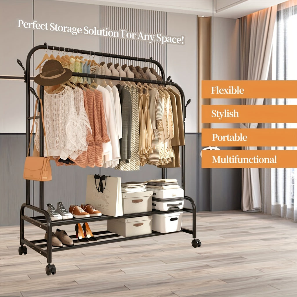 Double-Rail Rolling Garment Rack with Shelves & Wheels – Heavy-Duty Clothing Organizer