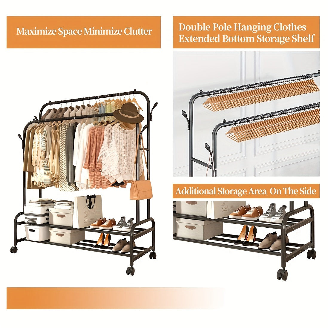 Double-Rail Rolling Garment Rack with Shelves & Wheels – Heavy-Duty Clothing Organizer