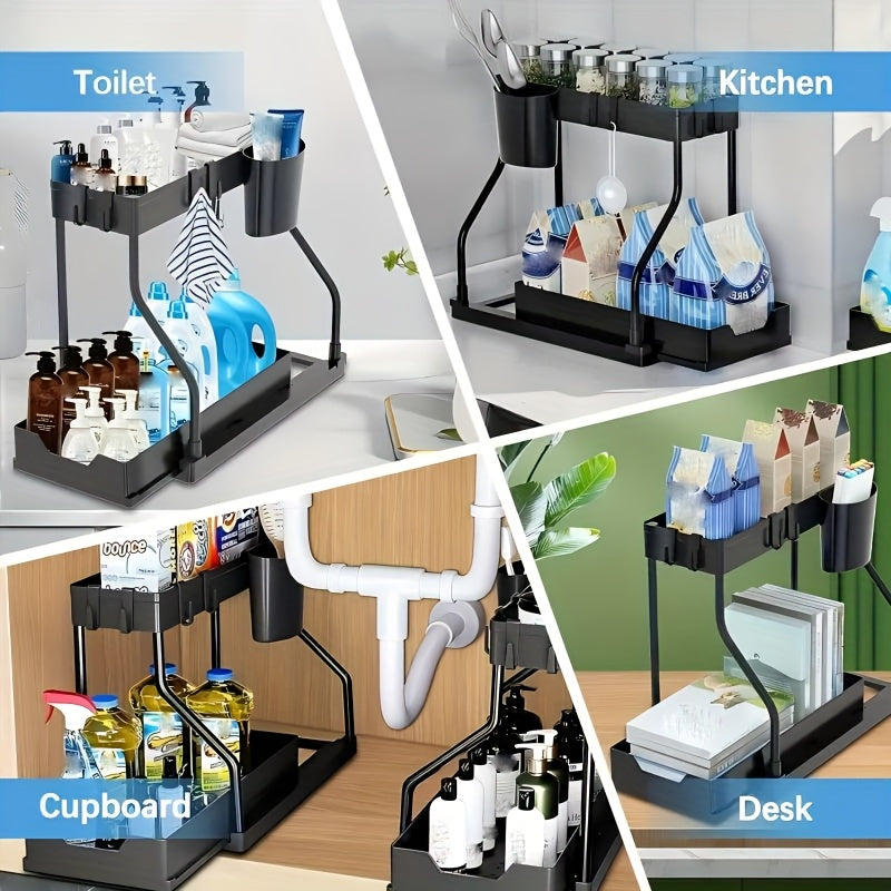 2-Pack L-Shaped Under Sink Organizers with Slide-Out Drawers – Pipe-Friendly Cabinet Storage Rack