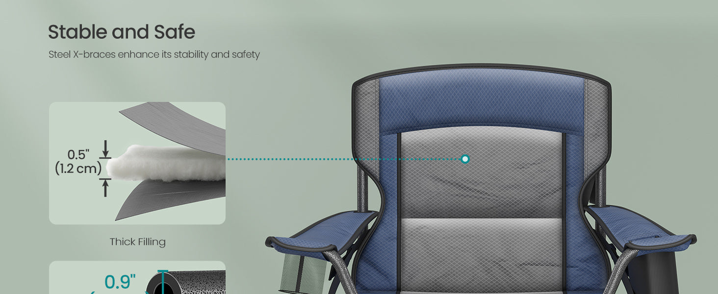 SONGMICS Oversized Lumbar Support Camping Chair, Heavy-Duty Outdoor Folding Chair Comfortable, Padded, Glamping, Cooler Bag, Wei