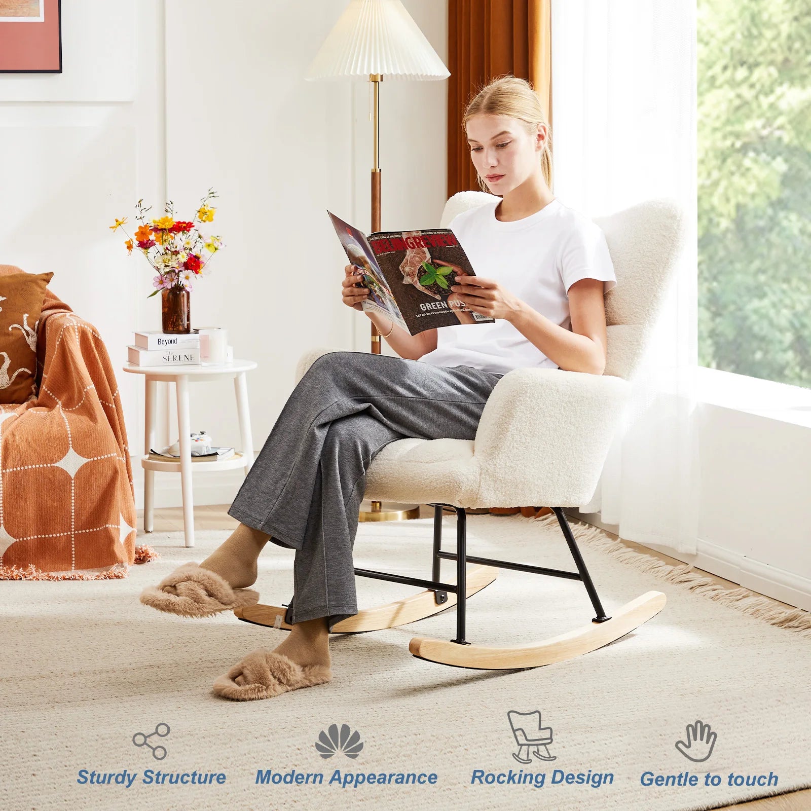 JHK Teddy Fabric Upholstered Glider With High Backrest,Padded Seat, Accent Recliner,Cushion Rocker Armchair,Bedroom Furniture