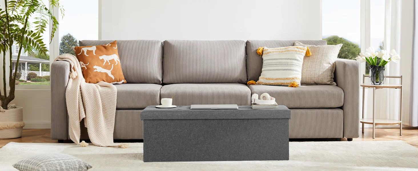 JHK Living Room Hidden Storage Footstool Toy Box Bedroom Bench Linen Fabric Easy Assemble Strong Load-bearing Capacity Stool