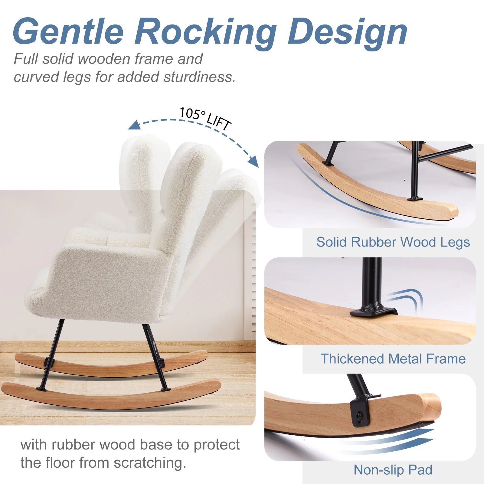 JHK Teddy Fabric Upholstered Glider With High Backrest,Padded Seat, Accent Recliner,Cushion Rocker Armchair,Bedroom Furniture