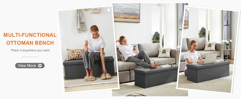JHK Living Room Hidden Storage Footstool Toy Box Bedroom Bench Linen Fabric Easy Assemble Strong Load-bearing Capacity Stool