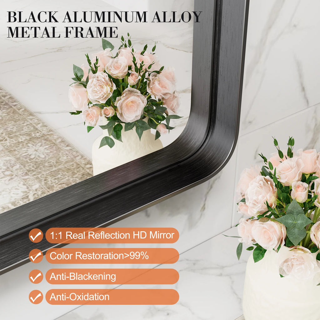 JHK 24x36 Inch Large Rectangle Vanity Framed Mirror for Wall Matte Metal Framed Modern Mirror Tempered Glass For Living Room