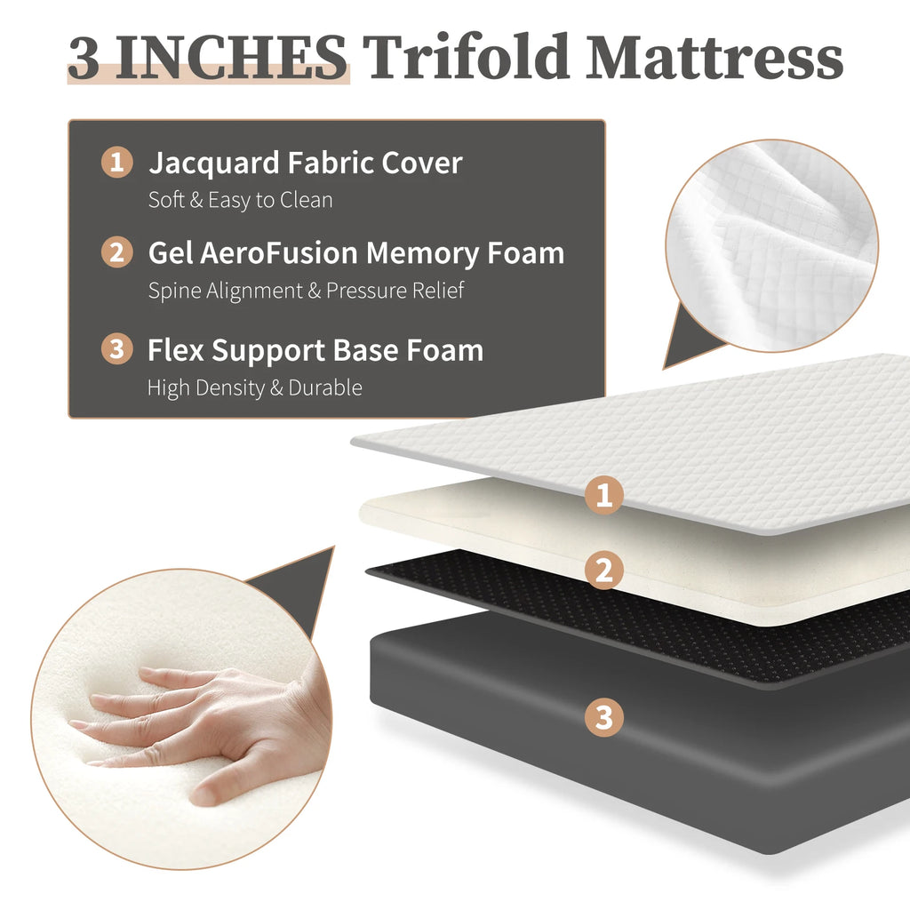 JHK Three Fold Portable Floor Bed,Certified By CertiPUR-US,Suitable For Travel,Camping,And Yoga,Soft Touch And Flexible Zipper