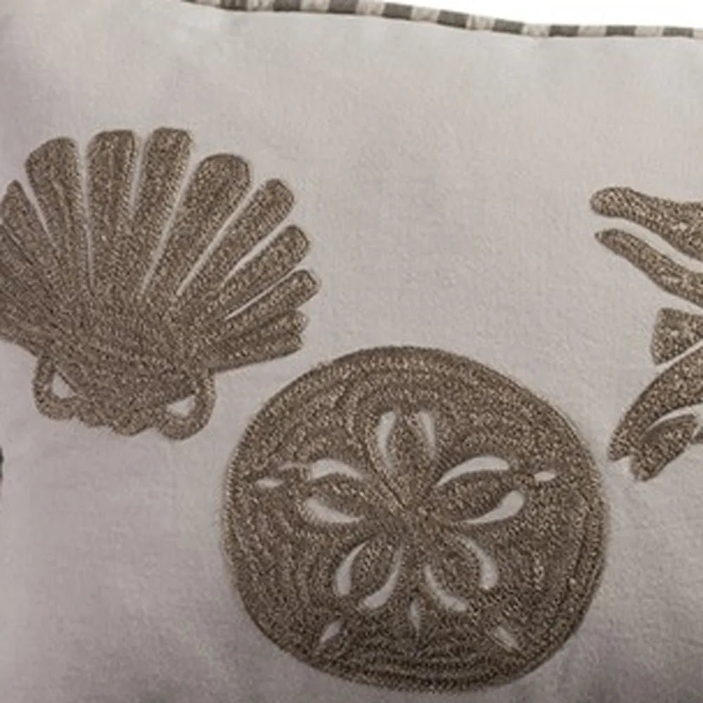 HMS 11\" X 21\" Beige and Khaki Seashells Embroidered Cotton Throw Pillow Decorative & Stylish