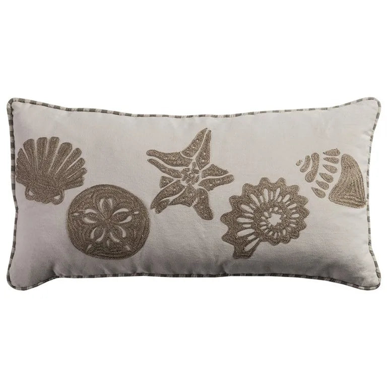 HMS 11\" X 21\" Beige and Khaki Seashells Embroidered Cotton Throw Pillow Decorative & Stylish