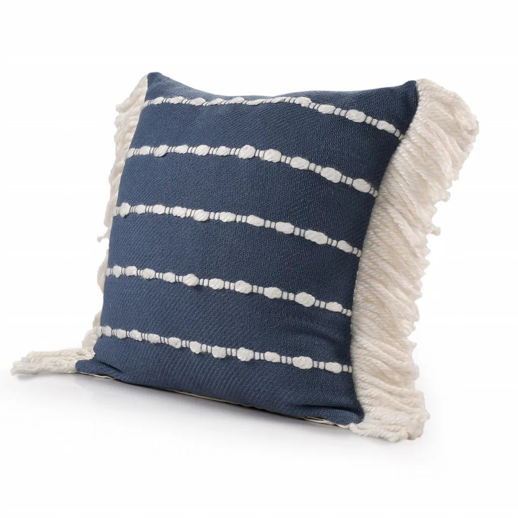 HMS 20 Navy Blue and Ivory Cotton Striped Decorative Throw Pillow with Fringe