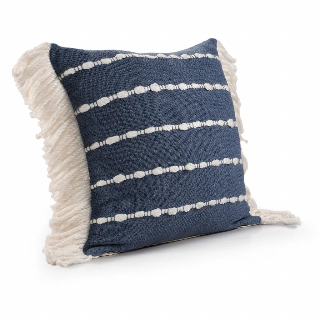 HMS 20 Navy Blue and Ivory Cotton Striped Decorative Throw Pillow with Fringe