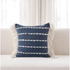 HMS 20 Navy Blue and Ivory Cotton Striped Decorative Throw Pillow with Fringe