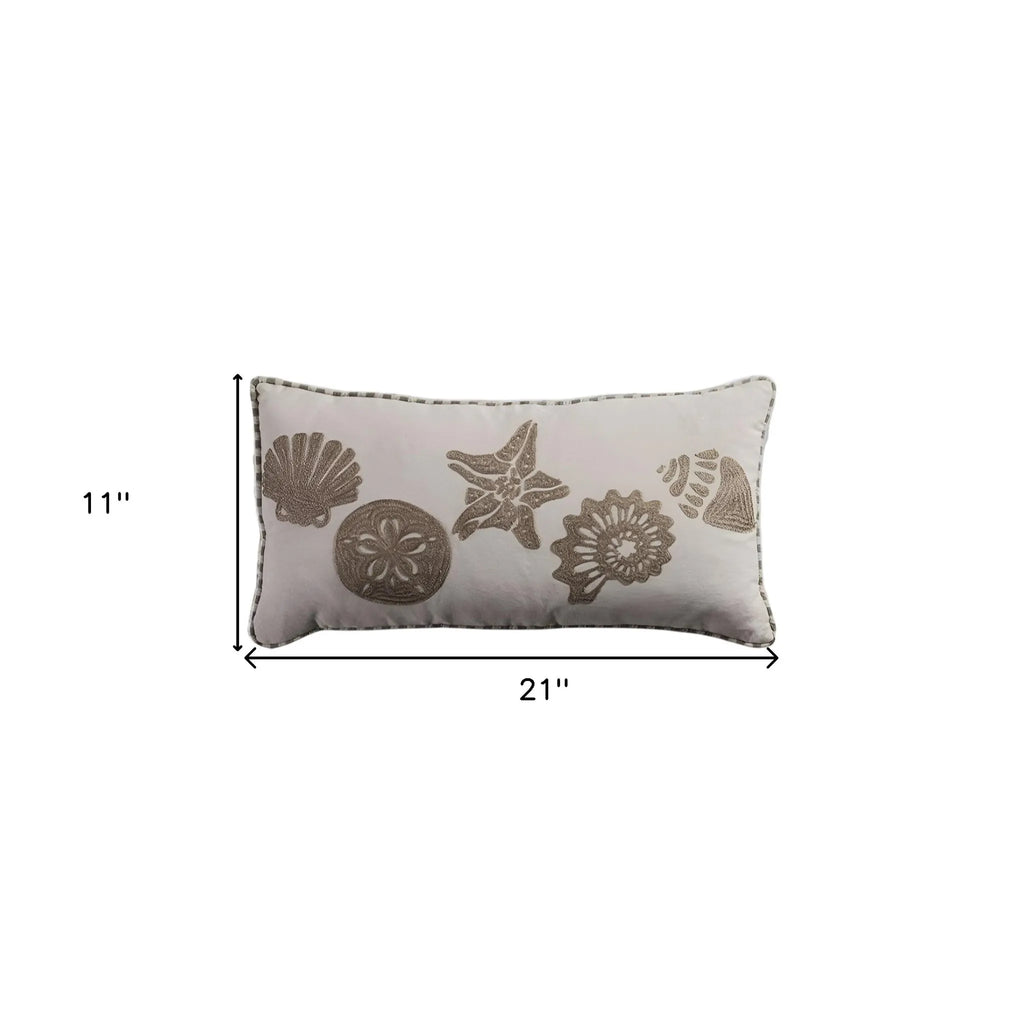 HMS 11\" X 21\" Beige and Khaki Seashells Embroidered Cotton Throw Pillow Decorative & Stylish