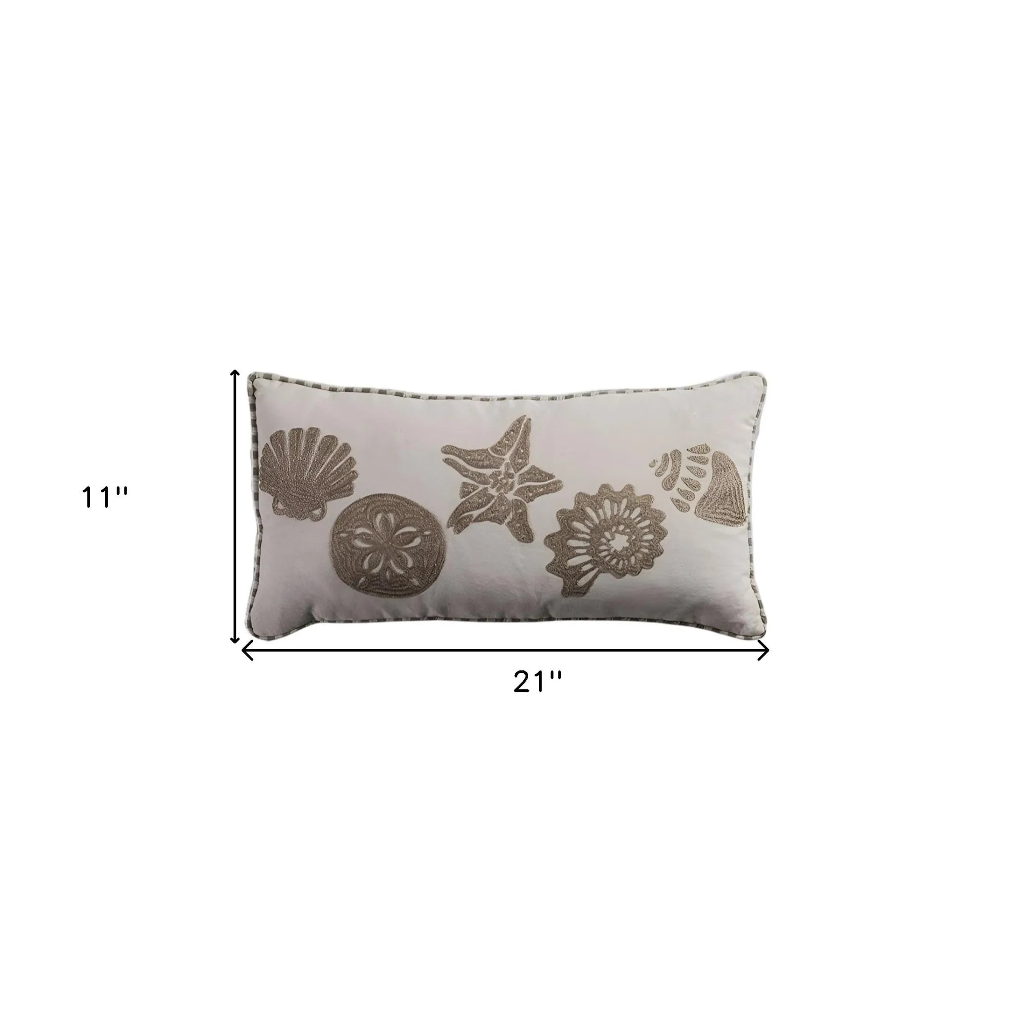 HMS 11\" X 21\" Beige and Khaki Seashells Embroidered Cotton Throw Pillow Decorative & Stylish