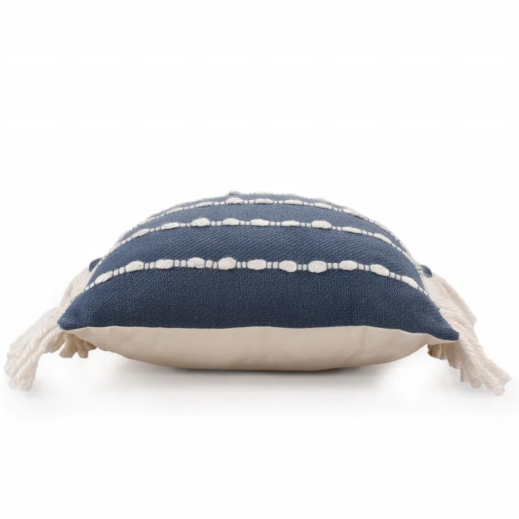 HMS 20 Navy Blue and Ivory Cotton Striped Decorative Throw Pillow with Fringe