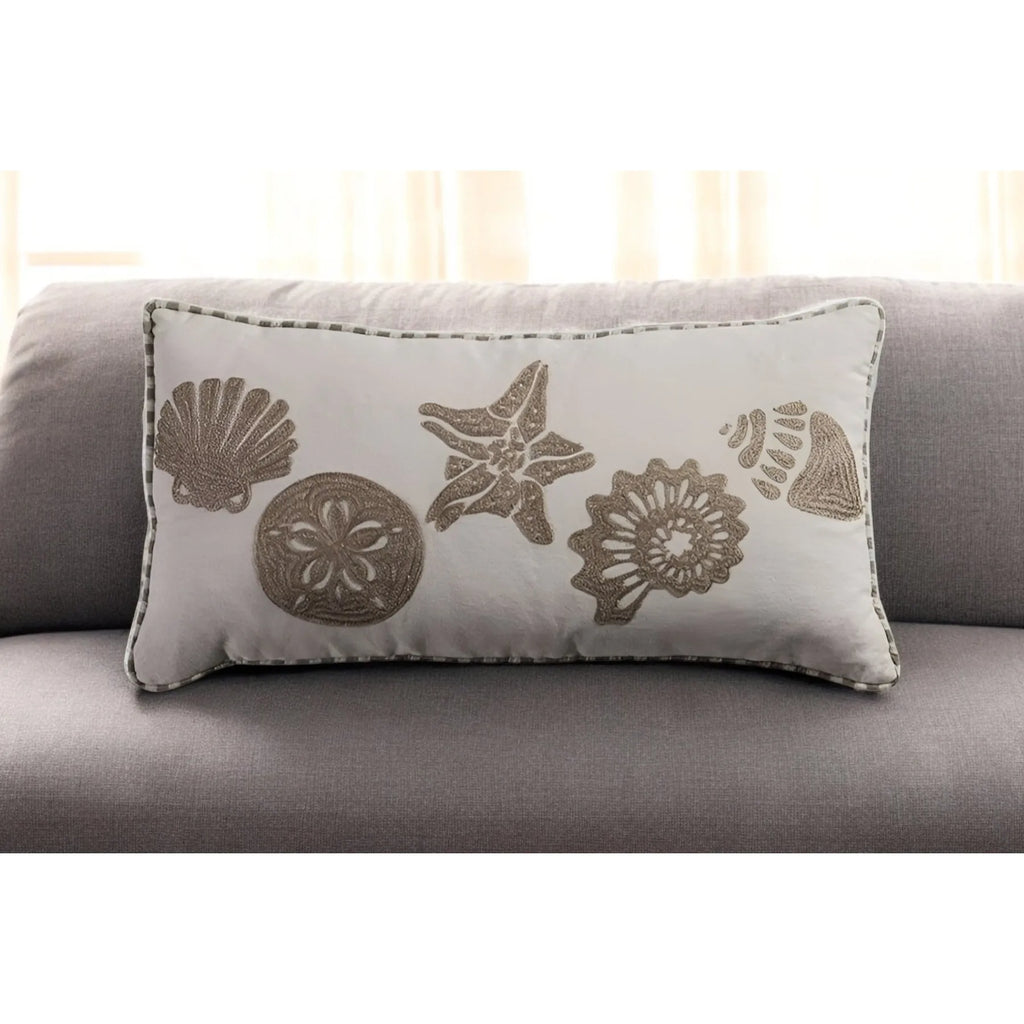 HMS 11\" X 21\" Beige and Khaki Seashells Embroidered Cotton Throw Pillow Decorative & Stylish