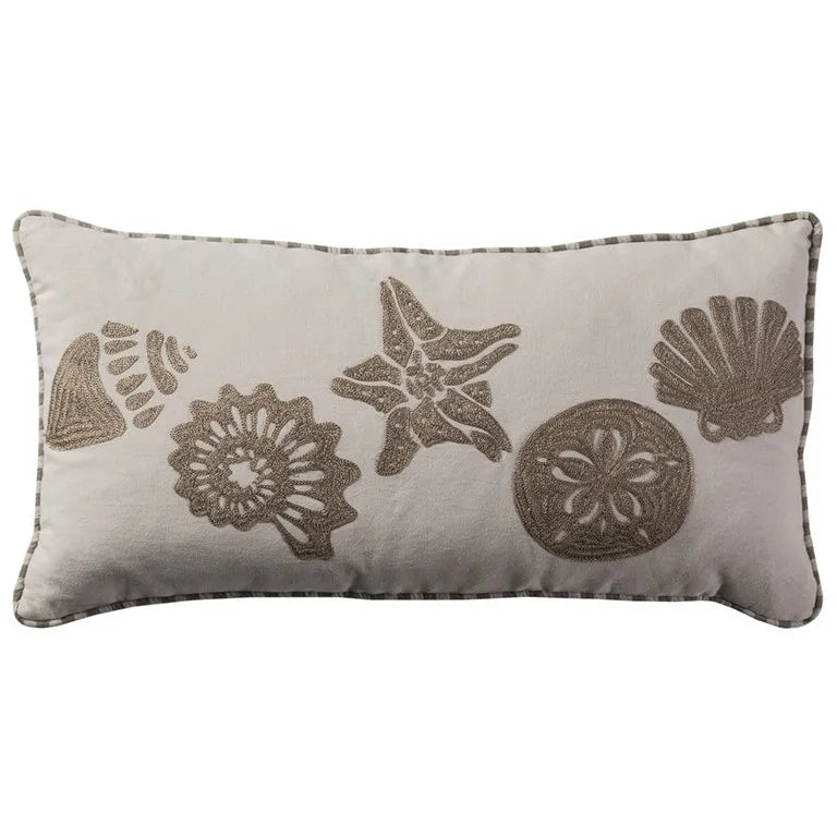 HMS 11\" X 21\" Beige and Khaki Seashells Embroidered Cotton Throw Pillow Decorative & Stylish