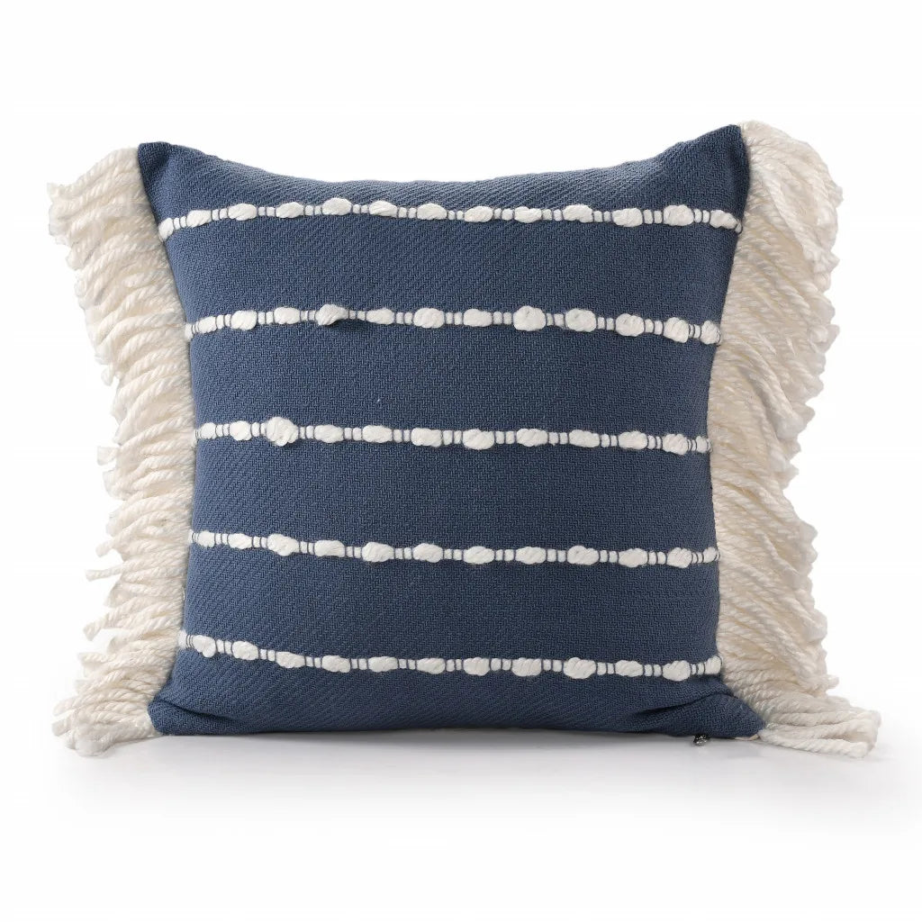 HMS 20 Navy Blue and Ivory Cotton Striped Decorative Throw Pillow with Fringe