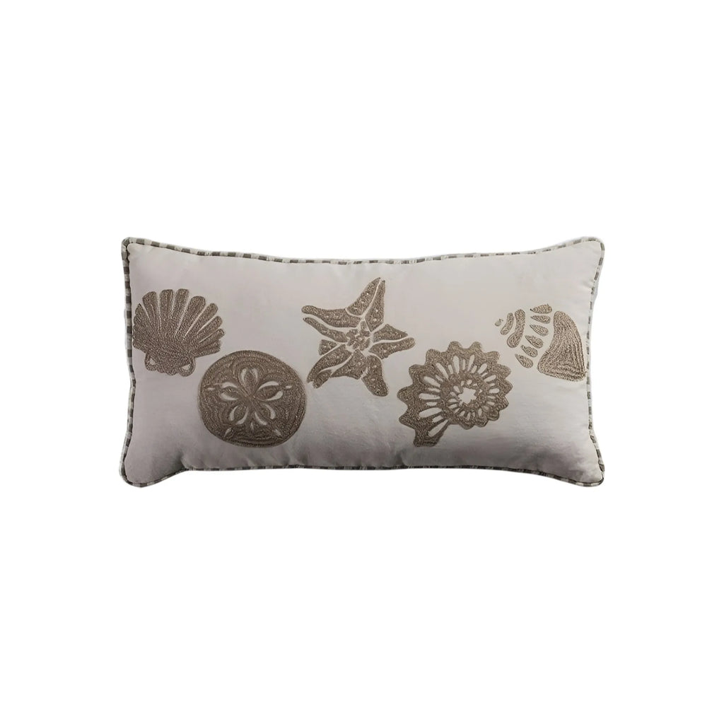 HMS 11\" X 21\" Beige and Khaki Seashells Embroidered Cotton Throw Pillow Decorative & Stylish