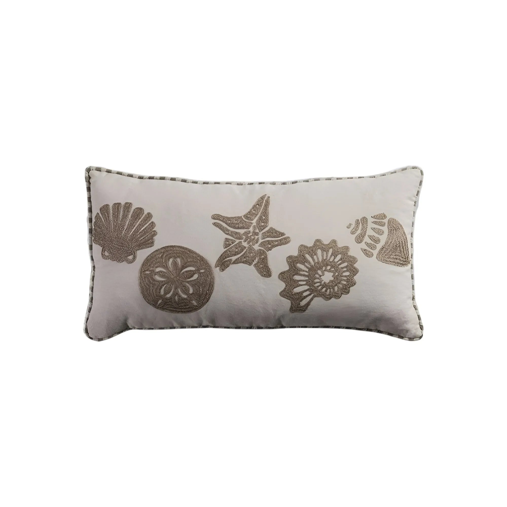 HMS 11\" X 21\" Beige and Khaki Seashells Embroidered Cotton Throw Pillow Decorative & Stylish