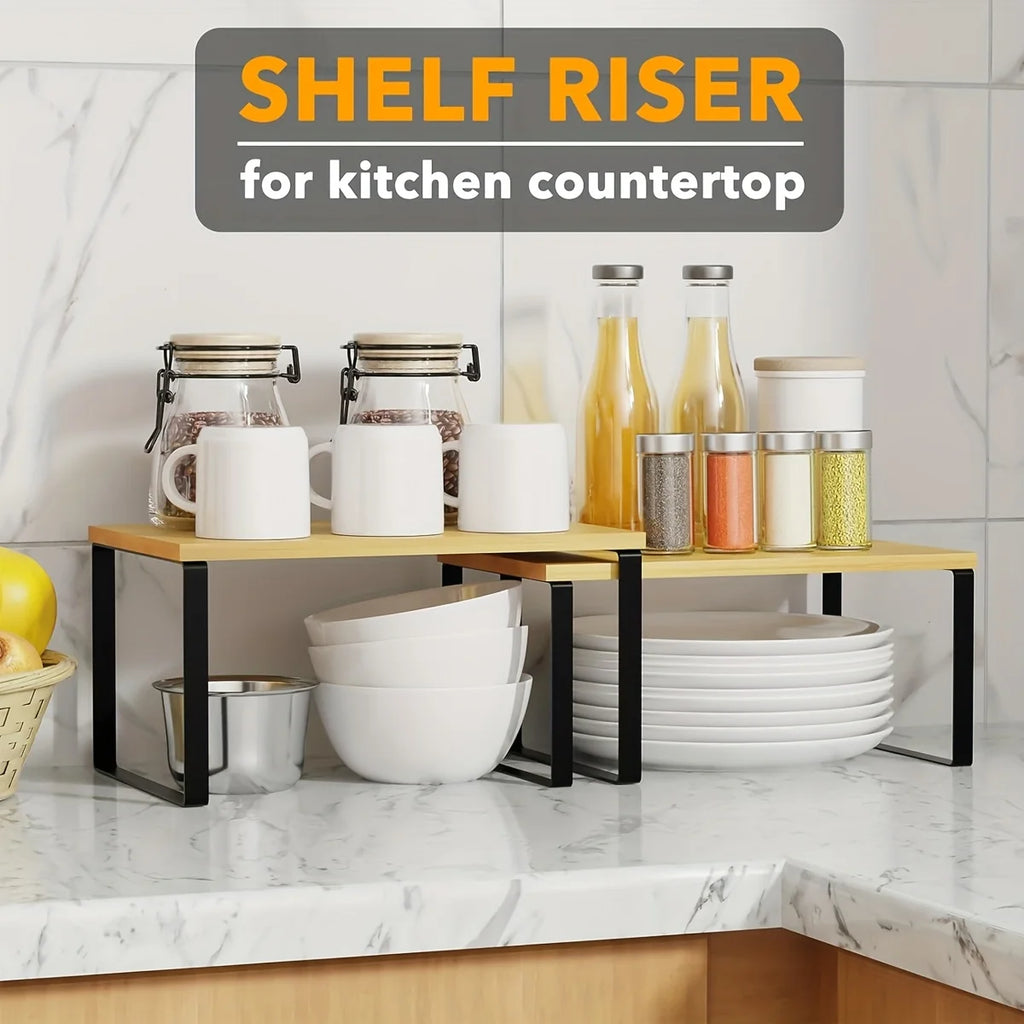 Kitchen Counter Shelves Spice Rack Set of 2, Stackable Cabinet Organizer Shelf, Expandable Kitchen Shelves Organizer for Kitchen