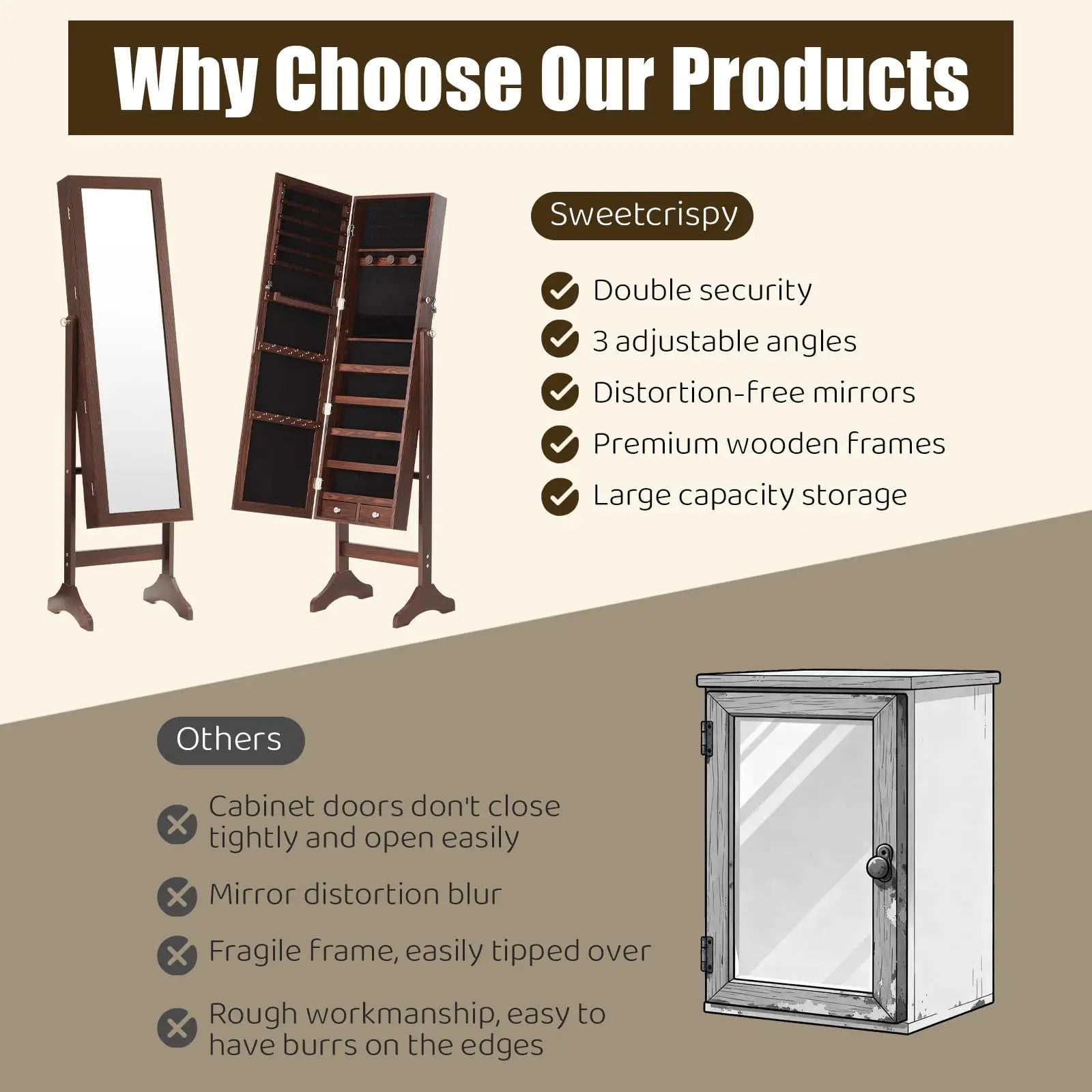 JHK Living Room Jewelry Armoire Cabinet 47.3 Inch Full Length Jewelry Organizer Standing Mirror Makeup Organizer Storage
