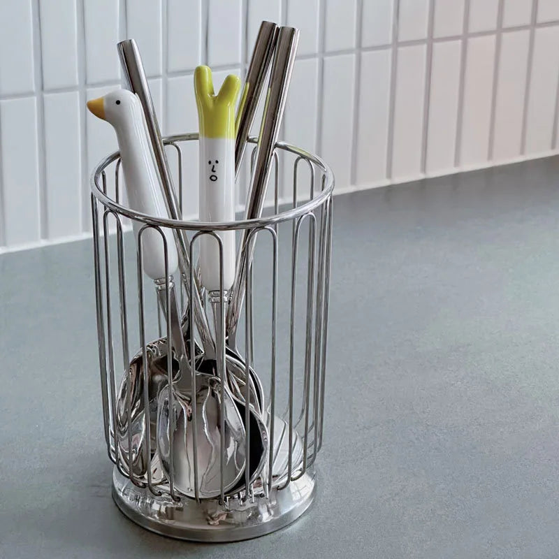1pc Cutlery Drain Basket Stainless Steel Chopsticks Holder Fork Spoon Storage Basket Kitchen Desktop Hollowed-out Fruit Basket