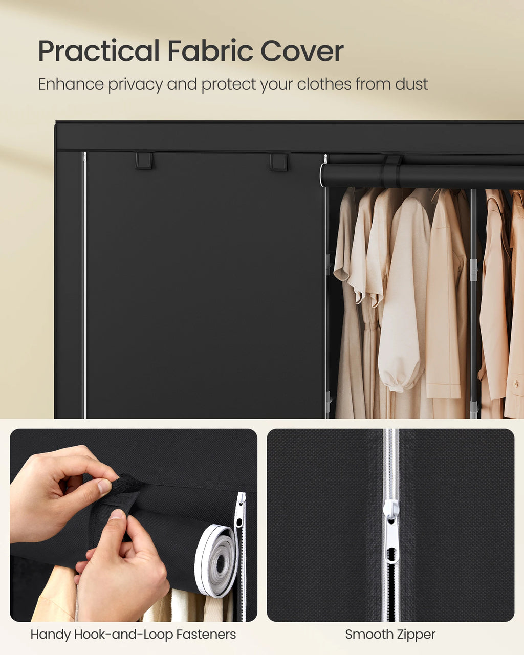 SONGMICS Portable Closet, Wardrobe Closet Organizer with Cover, 5 Hanging Rods and Shelves, 4 Side Pockets, 17.7 x 83 x 65.7 Inc