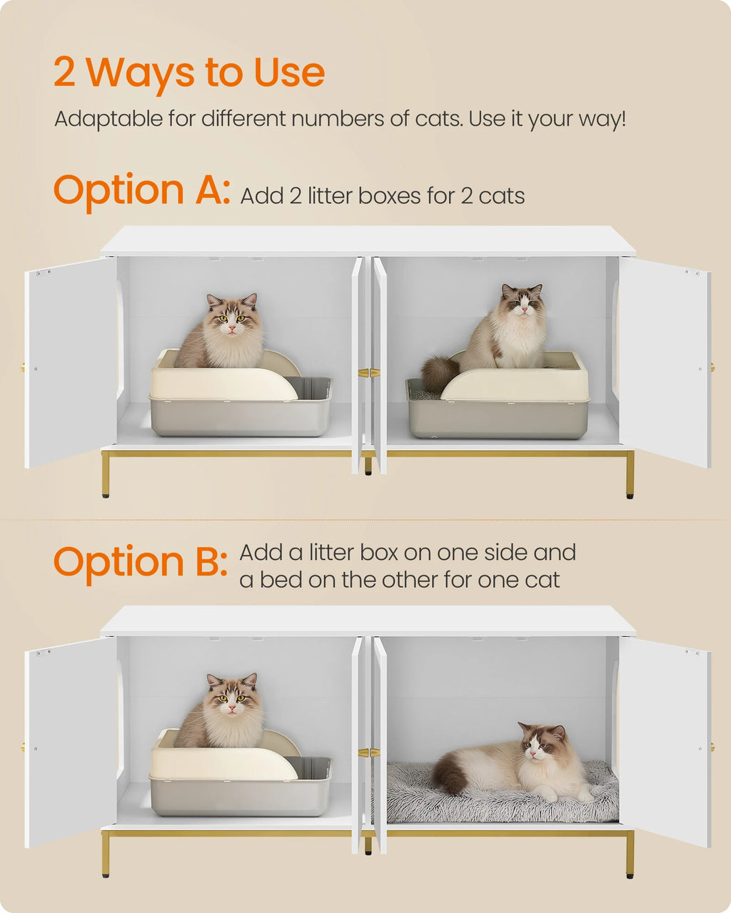 Feandrea Double Cat Litter Box Enclosure, Hidden Litter Box Furniture with Double Room, for 2 Cats, Modern Style, 47.2" Pet Hous