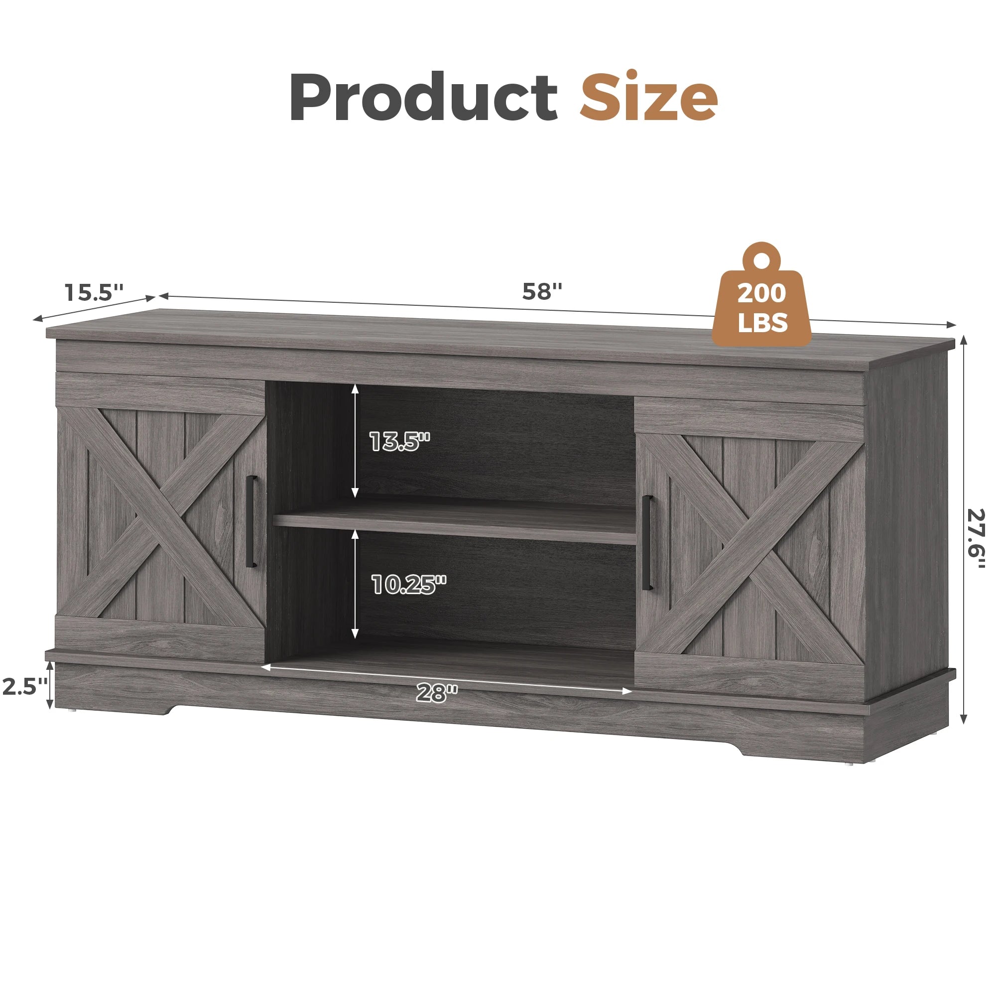 JHK 58IN Wooden TV Stand For Up To 65 Inch TV Double Door Cabinet Entertainment Center Media Console 2 Storage For Living Room